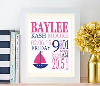 Nautical Birth Print,Nautical Birth Announcement,Navy Pink Girl Nautical Nursery Art Decor,Nautical Baby Shower -PRINT OR CANVAS-Sweet Blooms Decor