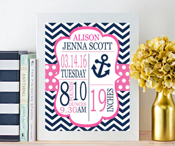 Nautical Birth Print,Nautical Birth Announcement,Navy Pink Nautical Nursery,Nautical Baby ,Nautical Nursery Decor-PRINT OR CANVAS-Sweet Blooms Decor
