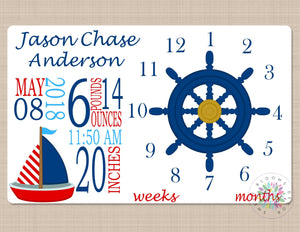 Nautical Boy Milestone Blanket Navy Blue Red Boat Monthly Gowth Blanket Photo Prop Personalized Baby Shower Gift Nursery Bedding B650-Sweet Blooms Decor