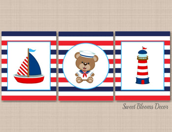 Nautical Boy Nursery Wall Art Decor Red Navy Blue Bear Bot Light House Striped Kids Bedroom Decor C198-Sweet Blooms Decor