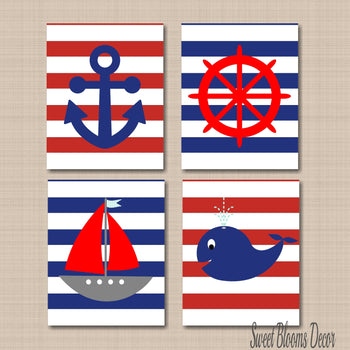Nautical Boy Nursery Wall Art Red Navy Blue Stripes Anchor Bota Whale Wheel Baby Boy Bedroom Decor Baby Shower Gift C106-Sweet Blooms Decor
