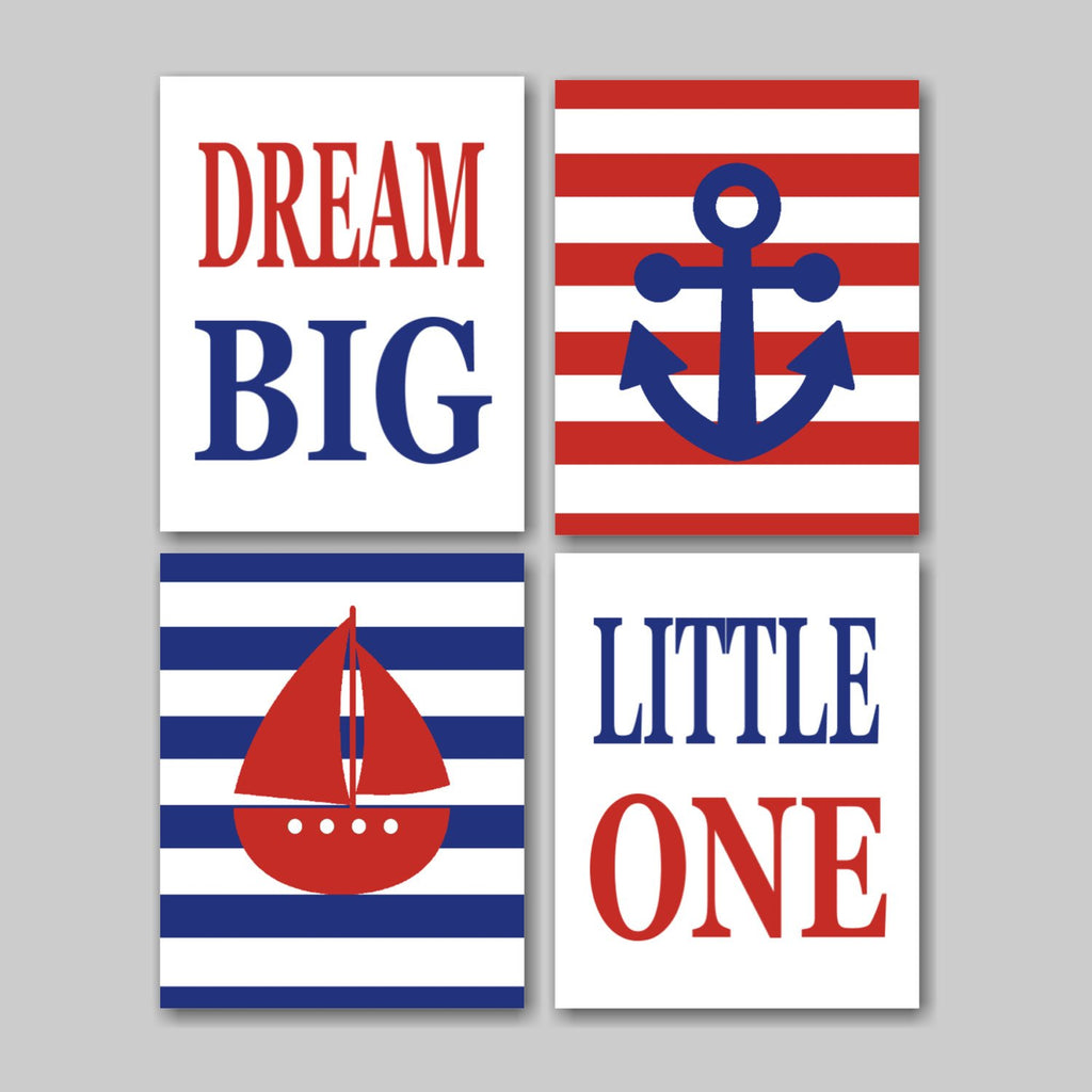 Nautical Boy Nursery Wall Art Red Navy Blue Stripes Dream Big Little One Boat Anchor Baby Bedroom Decor Shower Gift C208-Sweet Blooms Decor