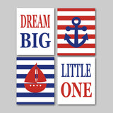 Nautical Boy Nursery Wall Art Red Navy Blue Stripes Dream Big Little One Boat Anchor Baby Bedroom Decor Shower Gift C208-Sweet Blooms Decor