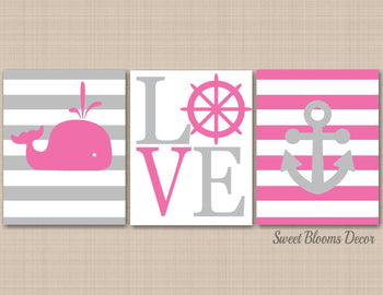 Nautical Gilr Nursery Wall Art Pink Gray Whale Anchor Wheel Girl Bedroom Decor Stripes Baby Shower Gift Love Name C206-Sweet Blooms Decor