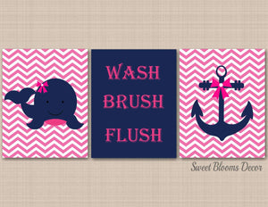 Nautical Girl Bathroom Wall Art Whale Anchor Bathroom Decor Navy Pink Nautical Nursery Wash Brush Flush UNFRAMED PRINTS or CANVAS B137