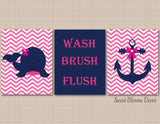 Nautical Girl Bathroom Wall Art Whale Anchor Bathroom Decor Navy Pink Nautical Nursery Wash Brush Flush UNFRAMED PRINTS or CANVAS B137