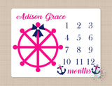 Nautical Girl Milestone Blanket Anchor Wheel Navy Blue Pink MonthlyPersonalized Growth Tracker Baby Shower Gift Baby Girl Bedding B106