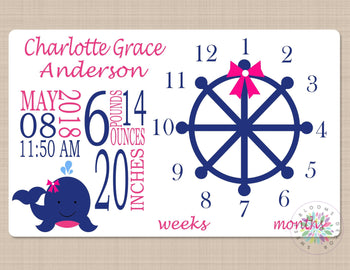 Nautical Girl Milestone Blanket Whales Navy Blue Pink Monthly Gowth Blanket Photo Prop Personalized Baby Shower Gift Nursery Bedding B651-Sweet Blooms Decor