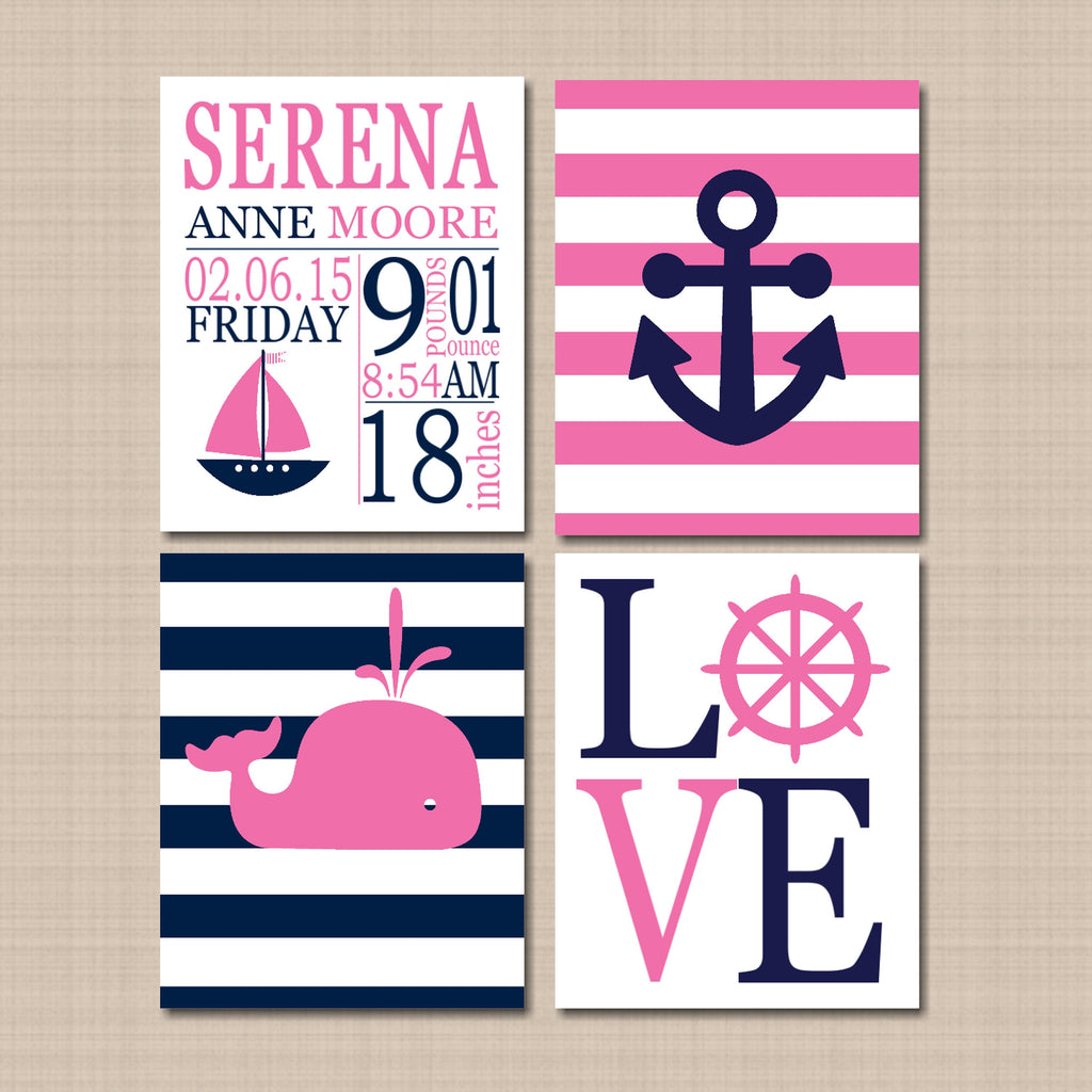 Nautical Girl Nursery Decor Wall Art Pink Navy Blue Boat Anchor Whale Love Birth Announcement Stats Hamptons Whale C207-Sweet Blooms Decor