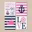 Nautical Girl Nursery Decor Wall Art Pink Navy Blue Boat Anchor Whale Love Birth Announcement Stats Hamptons Whale  C207