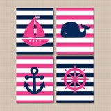 Nautical Girl Nursery Decor Wall Art Pink Navy Blue Stripes Whale Boat Anchor Whale Wheel BAby Girl Bedroom Decor C188-Sweet Blooms Decor