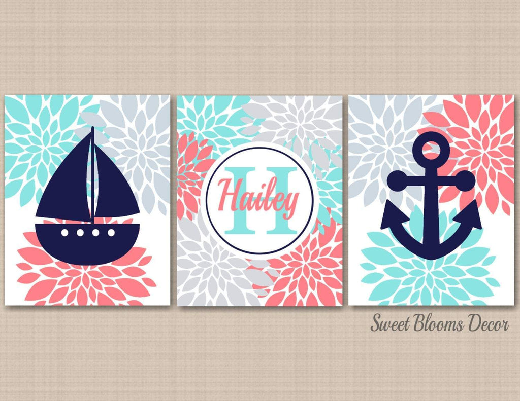 Nautical Girl Nursery Wall Art Baby Girl Coral Teal Navy Blue Floral Boat Anchor Flowers Name Monogarm UNFRAMED C343-Sweet Blooms Decor
