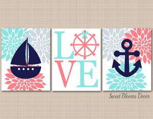 Nautical Girl Nursery Wall Art Navy Blue Coral Teal Aqua Floral Boat Anchor Wheel Flowers Girl Bedroom Decor Love C343-Sweet Blooms Decor