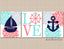 Nautical Girl Nursery Wall Art Navy Blue Coral Teal Aqua Floral Boat Anchor Wheel Flowers Girl Bedroom Decor Love C343