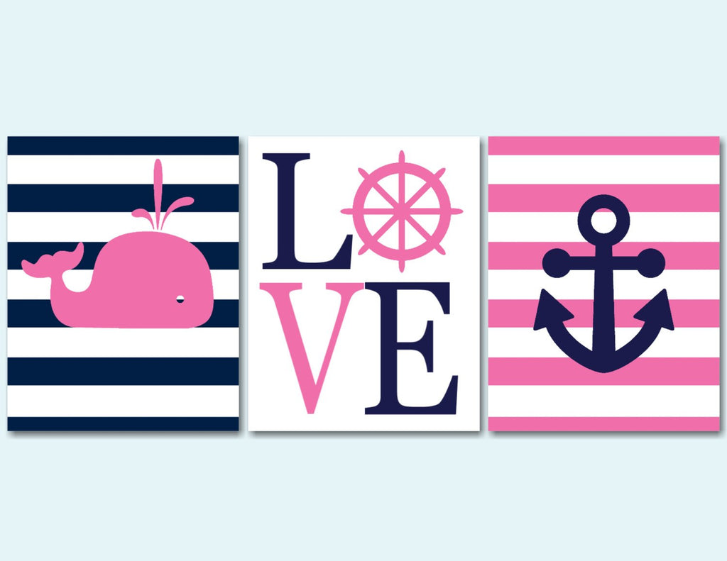 Nautical Girl Nursery Wall Art Navy Blue Pink Whale Anchor Love BAby Gilr Bedroom Decor Baby Shower Gift UNFRAMED-Sweet Blooms Decor