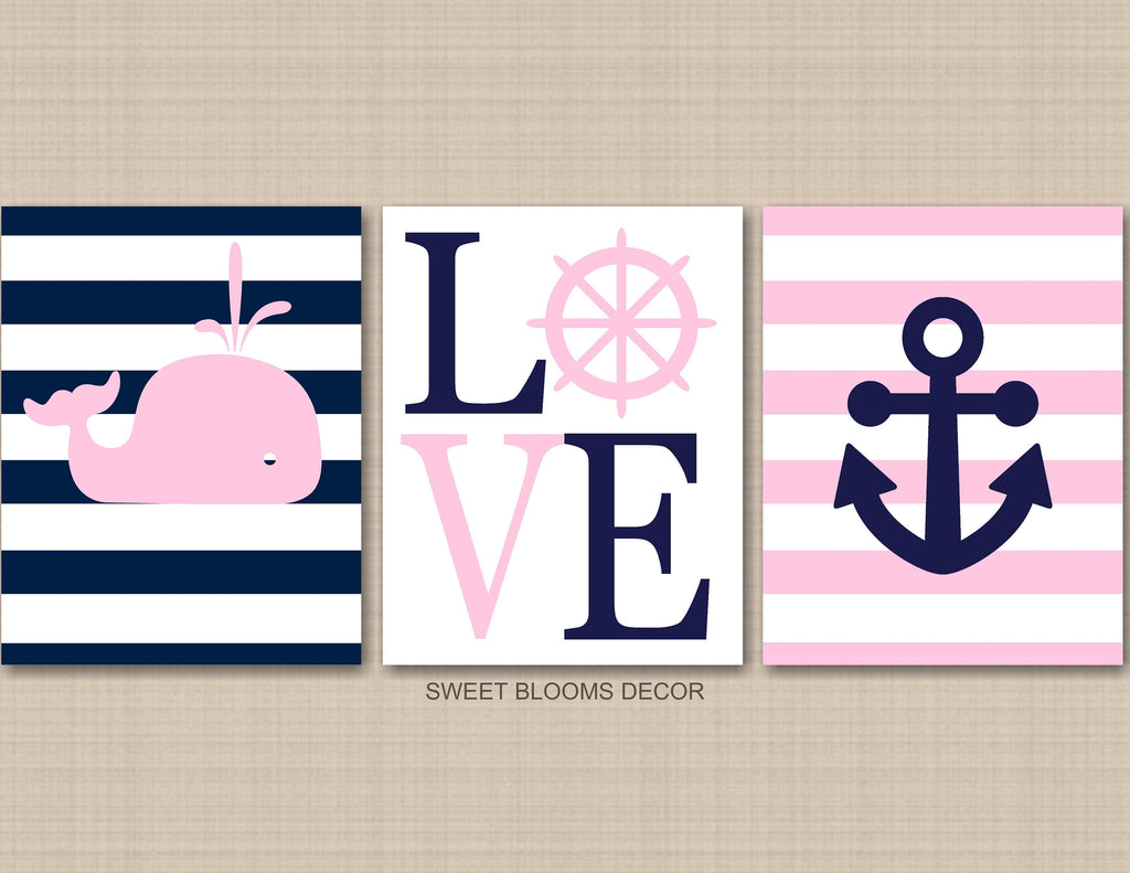 Nautical Girl Nursery Wall Art Navy Blue Pink Whale Anchor Love Girl Bedroom Wall Decor Baby Shower Gift UNFRAMED C207-Sweet Blooms Decor