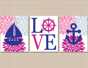 Nautical Girl Nursery Wall Art Pink Magenta Navy Blue Floral Flowers Boat Anchor Love Bedroom Decor UNFRAMED C203-Sweet Blooms Decor
