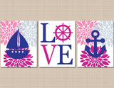 Nautical Girl Nursery Wall Art Pink Magenta Navy Blue Floral Flowers Boat Anchor Love Bedroom Decor UNFRAMED C203-Sweet Blooms Decor