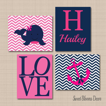 Nautical Girl Nursery Wall Art Pink Navy Chevron Whales Anchor Nautical Baby Bedroom Decor Name Monogram Love UNFRAMED C346-Sweet Blooms Decor