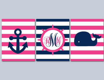 Nautical Girl Nursery Wall Art Whale Anchor Pink Navy Nautical Wall Art,Navy Pink Whale Nursery Wall Art,Hamptons C201-Sweet Blooms Decor