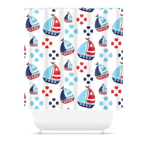 Nautical Kids Shower Curtain Navy Blue Red Boats Baby Boy Bath Bathroom Siblings Girl Boy Twin Baby Bathroom Decor  S139