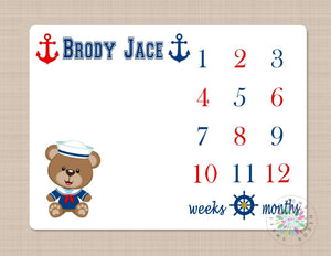 Nautical Milestone Blanket Baby Boy Anchor Bear Monthly Growth Tracker New Born Personalized Blanket Navy Blue Red  Baby Shower Gift B197