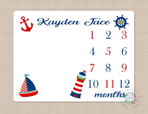 Nautical Milestone Blanket Navy Blue Red Boat Anchor Ligh House Baby Boy Monthly Growth Tracker New Born Blanket Baby Shower Gift B358