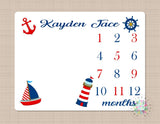 Nautical Milestone Blanket Navy Blue Red Boat Anchor Ligh House Baby Boy Monthly Growth Tracker New Born Blanket Baby Shower Gift B358