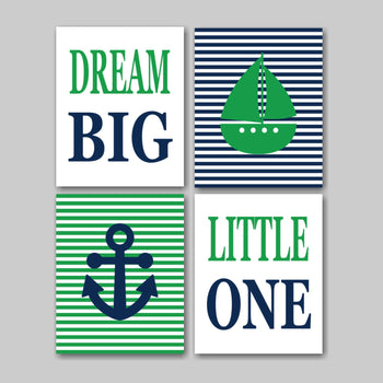 Nautical Nursery Wall Art Baby Boy Navy Blue Green Dream Big Little One Boat Anchor Baby Shower Gift Stripes C202-Sweet Blooms Decor