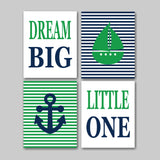 Nautical Nursery Wall Art Baby Boy Navy Blue Green Dream Big Little One Boat Anchor Baby Shower Gift Stripes C202-Sweet Blooms Decor