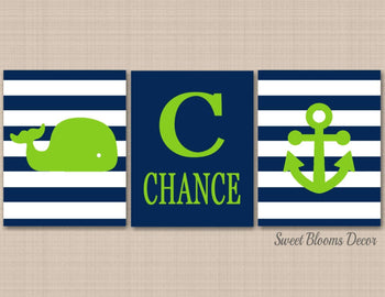 Nautical Nursery Wall Art Navy Blue Lime Green Stripes Whale Anchor Baby Boy Bedroom Decor Name Monogram UNFRAMED C205-Sweet Blooms Decor
