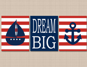 Nautical Nursery Wall Art Navy Blue Red Stripes Baby Boy Bedroom Decor Boat Anchor