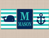 Nautical Nursery Wall Art Navy Blue Teal Aqua Stripes Whale Anchor Name Monogram Hamptons Whale Bedtoom Decor UNFRAMED C310-Sweet Blooms Decor