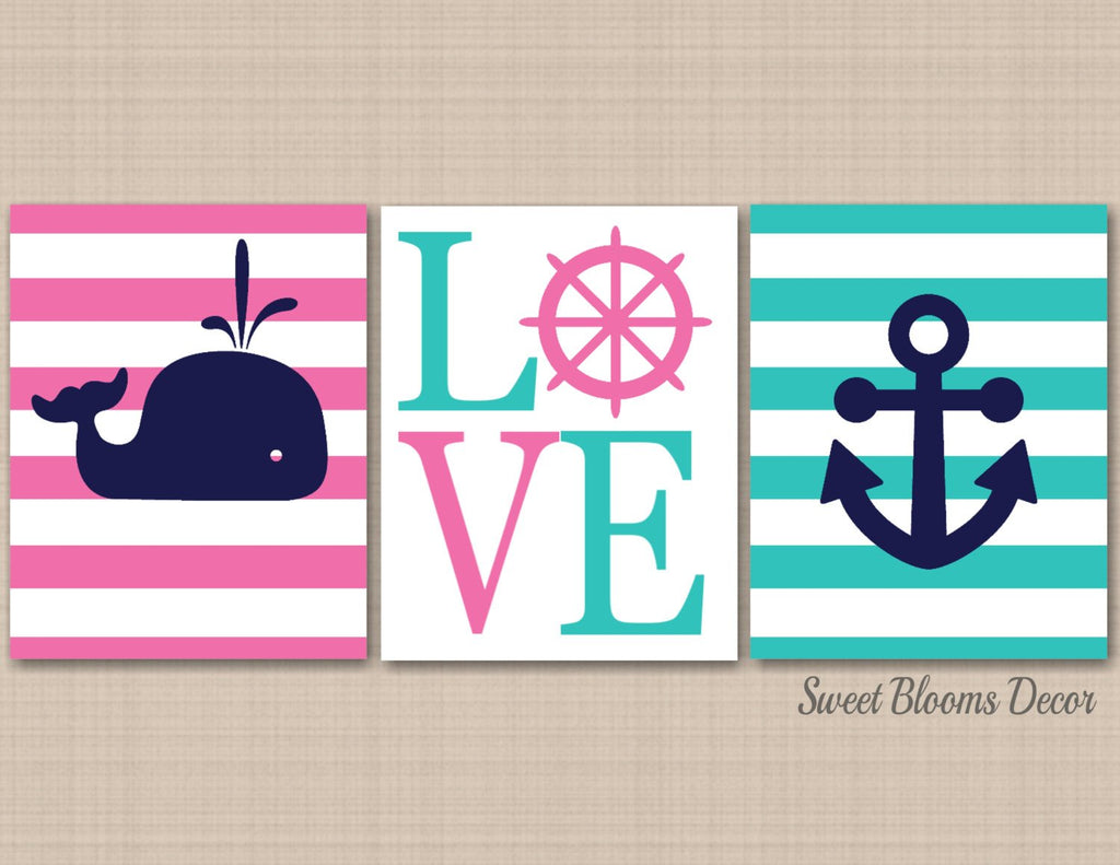 Nautical Wall Decor,Nautical Nursery Wall Art,Whale Nursery Wall Art,Navy Pink Aqua Whale NurseryHamptons Whale Nursery3 C477-Sweet Blooms Decor