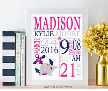 Nautical Whale Baby Girl Birth Print Girl Birth Announcement Navy Blue Pink Anchor Nursery Decor Baby PRINT OR CANVAS 101-Sweet Blooms Decor