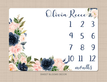 Navy Blue Blush Pink Floral Milestone Blanket Watercolor Coral Pink Flowers Roses Personalized Baby Name Shower Gift Monthly Tracker B1136