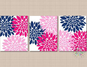 Navy Blue Pink  Wall Art Floral Bedroom Decor Floral Bathroom Wall Art Modern Wall Art Modern Home Decor Custom Home Decor Custom Colors