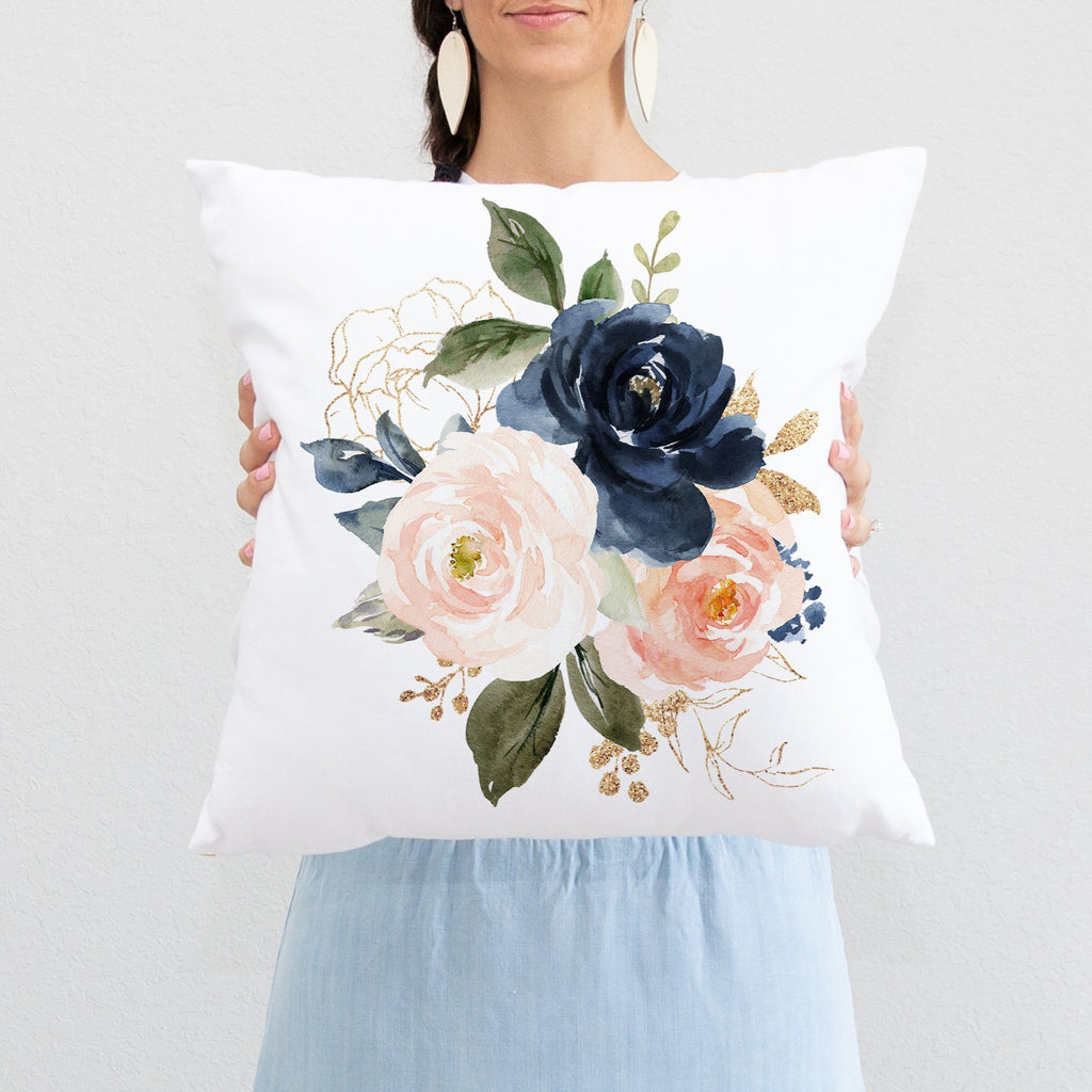 Navy Blush Pink Floral Throw Pillow P255