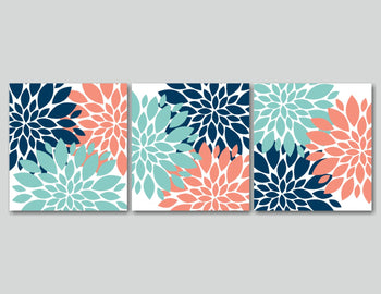Navy Coral Aqua Wall Art,Teal Coral Floral Wall Art,Turquoise Coral Wall Art,Aqua Coral Bathroom Wall Art custom colors