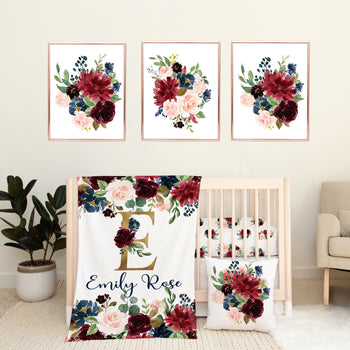Burgundy Red Blush Pink Navy Blue Floral Girl Nursery Collection -Crib Sheet,14x14 Throw Pillow, 30x40 Minky Blanket, 3(8x10) Wall Art