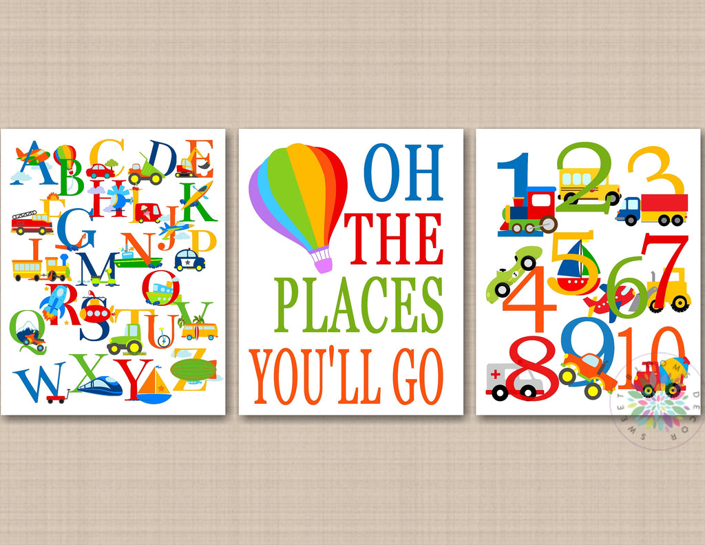 Oh the Places You'll Go Transportation Nursery Wall Art Kids Playroom Alphabet and Numbers Transportation Room Decor 474-Sweet Blooms Decor