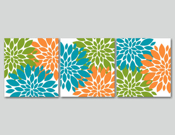 Orange Green Aqua Wall Art,Teal Orange Floral Wall Art,Turquoise Orange Wall Art,Orange Green Wall Art Custom Colors