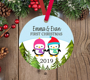 Our First Christmas Ornament Personalized Couple Newly Married Mr & Mrs Newlyweds Penguins 1st Christmas Wedding Gift Holiday Ornament 173