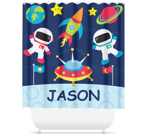 Outer Space Shower Curtain  Rockets Planets Solar System Bat Bathroom Girl Boy  Bathroom Decor Siblings Brother Sister S147
