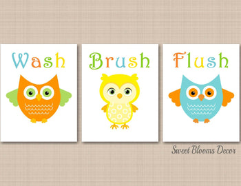 Owl Bathroom Wall Art Owl Kids Bathroom Decor Orange Teal Aqua Owl Bath Girl Boy Sister Brother Give A Hoot PRINTS or CANVAS B148-Sweet Blooms Decor