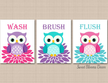 Owl Bathroom Wall Art Owl Kids Bathroom Wall Art,Owl Bathroom Decor,Owl Nursery Wall Art,Owls Bath,Girl Bathroom Decor 3 C486-Sweet Blooms Decor