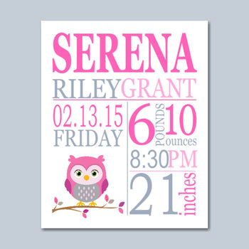 Owl Birth Print, Owl Birth Announcement,Pink & Gray Owl Birth,Owl Baby Shower ,Owl Nursery Decor,Owl Baby - PRINT OR CANVAS-Sweet Blooms Decor