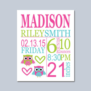 Owl Birth Print,Owl Birth Announcement,Pink Aqua Owl Nursery ArtOwl Baby Shower ,Owl Nursery Decor,Owl Baby - 8X10 DIGITAL PRINT-Sweet Blooms Decor