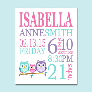 Owl Birth Print,Owl Birth Announcement,Pink Purple Teal Owl Birth,Owl Baby Shower ,Owl Nursery Decor,Owl Baby -PRINT OR CANVAS-Sweet Blooms Decor