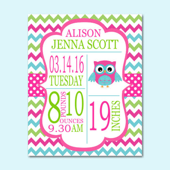 Owl Birth Print,Owl Birth Stats,Owl Birth Announcement,Owl Baby Shower ,Owl Nursery Decor,Owl Baby - PRINT OR CANVAS-Sweet Blooms Decor